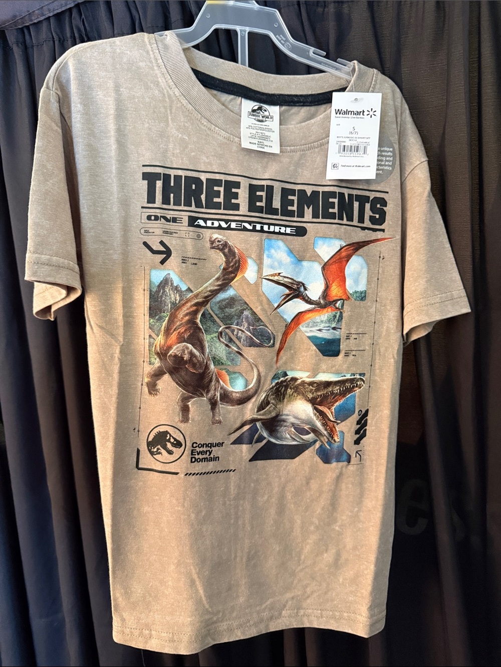 Jurassic World Kids Tee with Black Shorts - Light Tan Crewneck